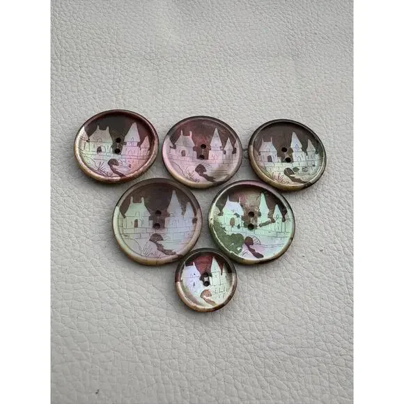 Antique Mother Of Pearl Abalone Etched Buttons Set of 6 Village Scene - Picture 1 of 6